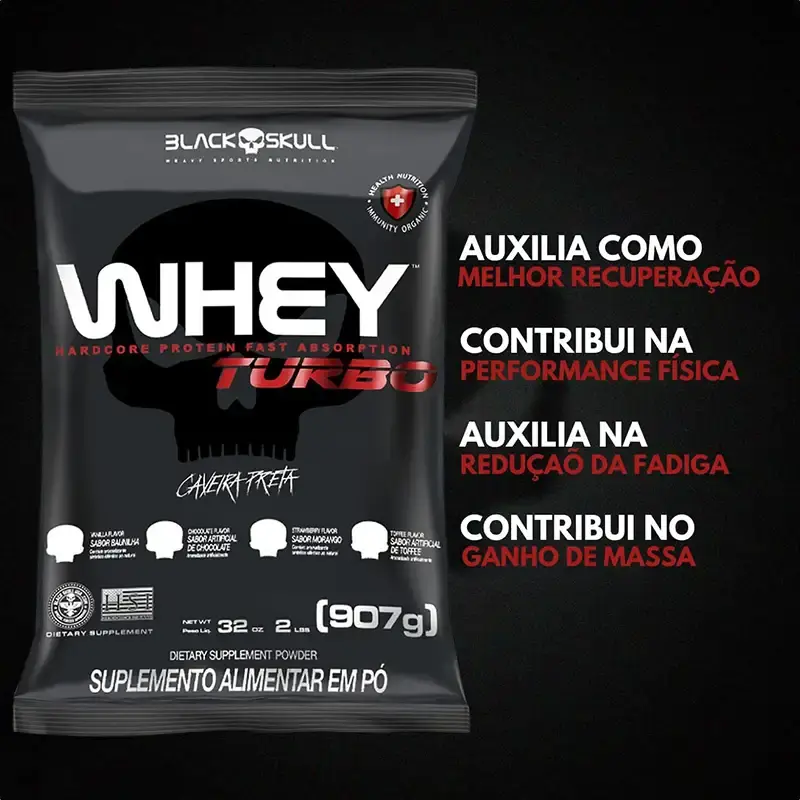 Whey Turbo Black Skull, auxilia recuperação, performance física, reduz fadiga, ganho de massa.