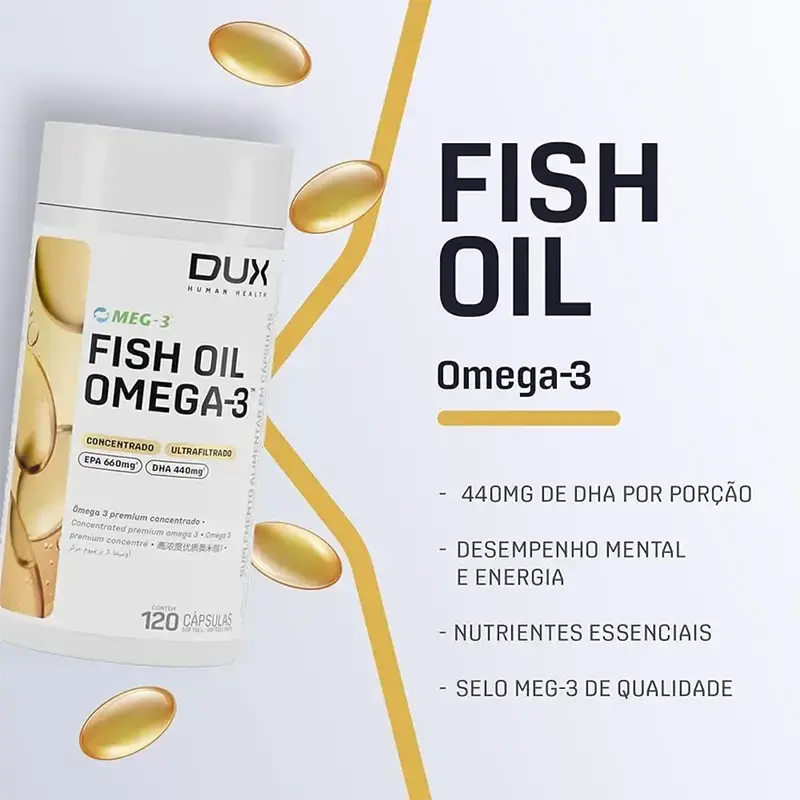 DUX Fish Oil Omega-3, 840mg de DHA por porção, desempenho mental e energia.
