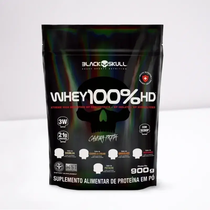 Whey 100% HD Black Skull, suplemento alimentar em pó 900g, para atletas.