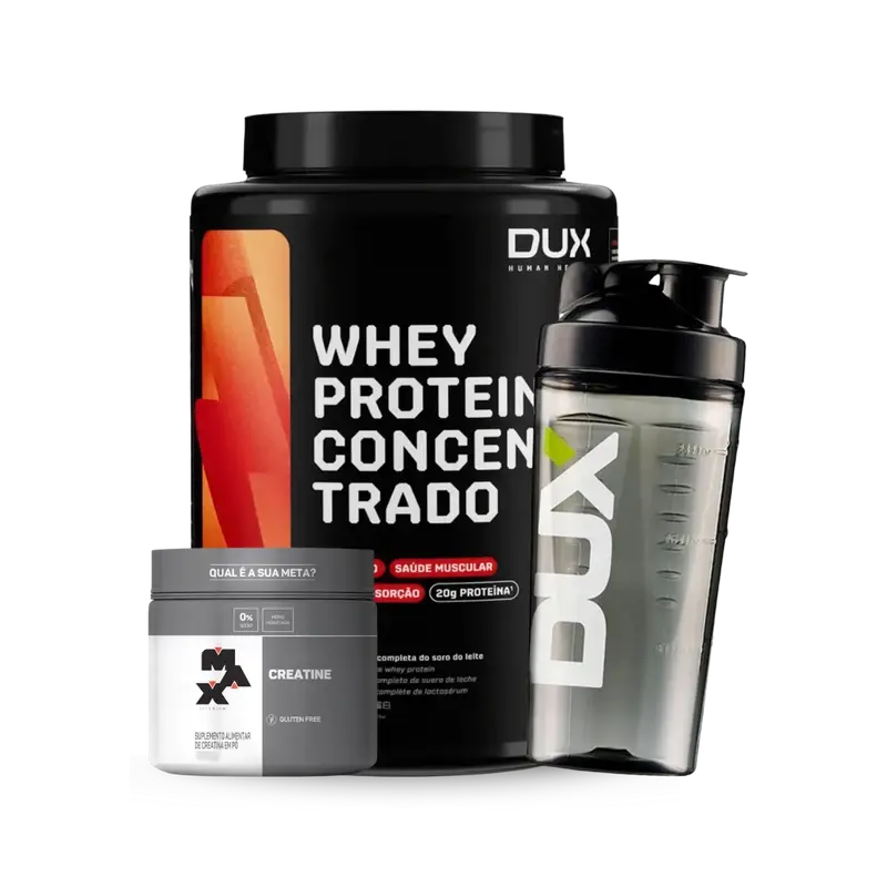 Kit com 1 whey da dux 1 coqueteleira da dux 1 creatina da max titanium