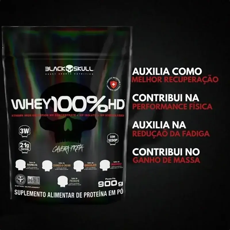 Whey 100%HD Black Skull, ajuda na recuperação, performance física, ganho de massa.