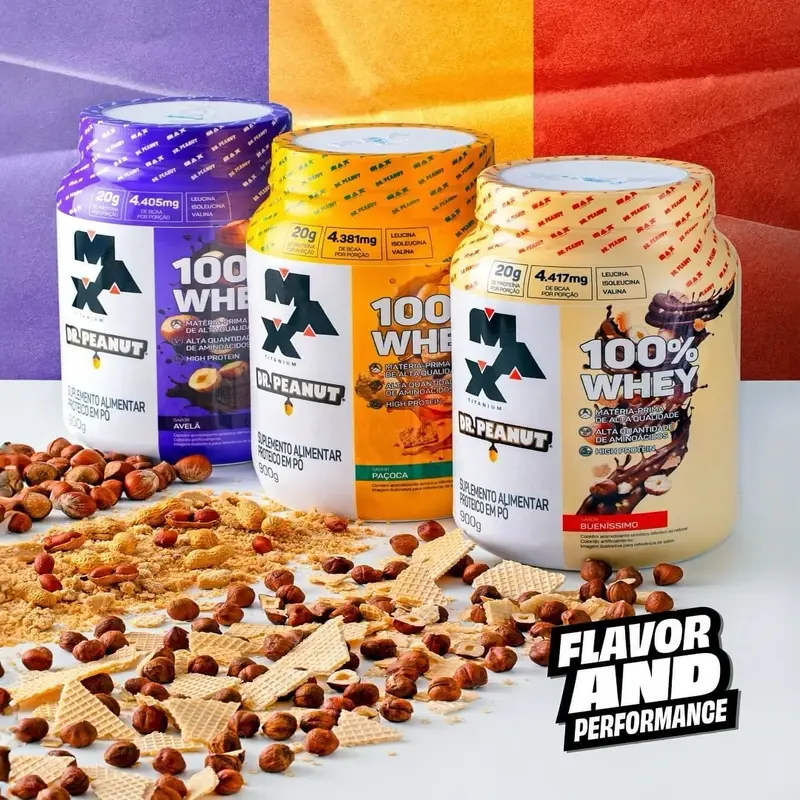 3 sabores do Whey 100% Dr.Peanut Max Titanium – 900g | Alto Teor de Proteína e Sabor Incrível
