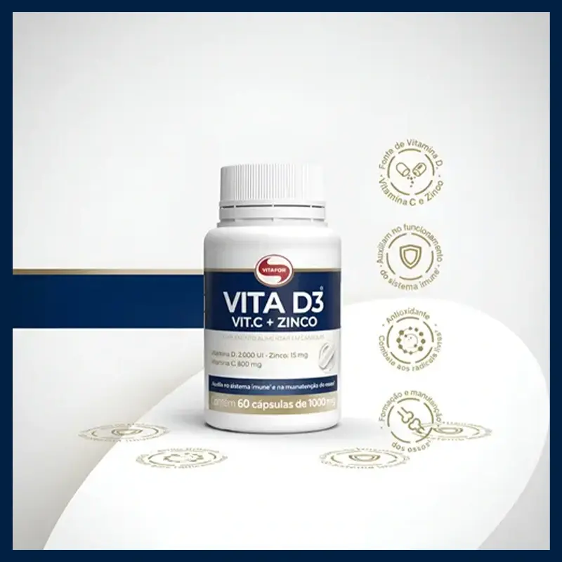 Suplemento Vita D3 com rótulos e embalagem, foco em saúde e bem estar.