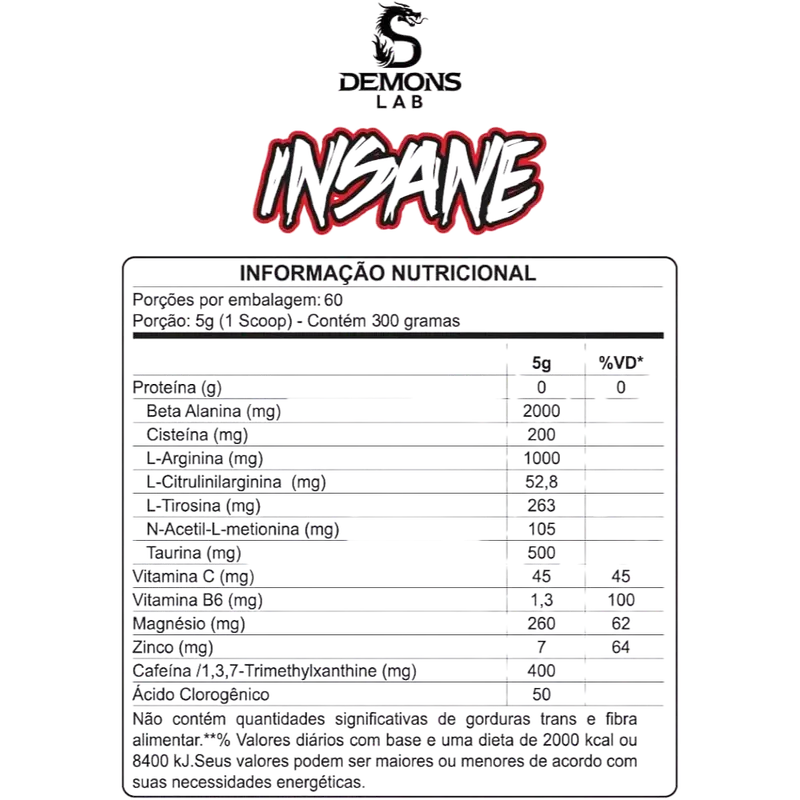 Tabela nutricional do Pré-Treino Insane Original Demons Lab – 300g | Explosão de Energia e Foco