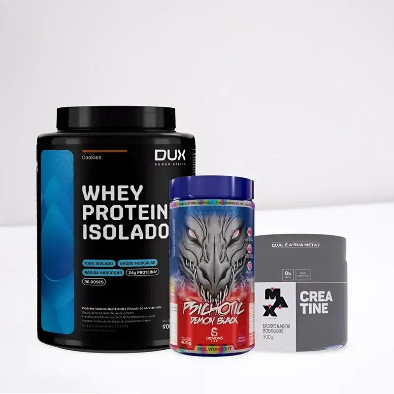 Whey Protein Isolado, Pré-treino, Creatina, combo de suplementos para treino e Musclor Suplementos.