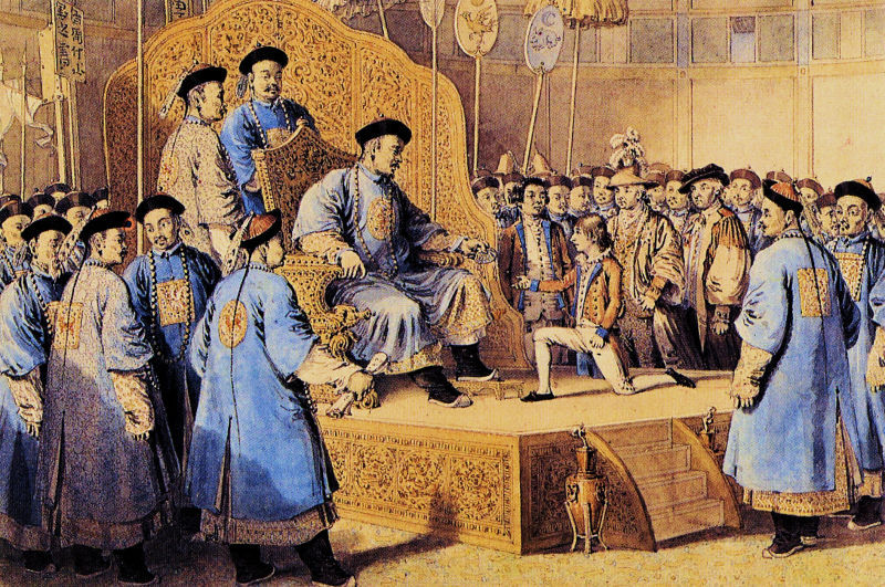 A young Thomas Staunton kneeling before the Emperor Qianlong during the Macartney Embassy (Image by William Alexander)