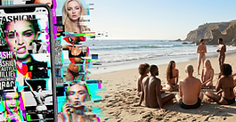 An ultra-wide split graphic showing a glitched, distorted smartphone screen with hyper-edited fashion filters on the left, transitioning into a peaceful landscape of a diverse, clothes-free community group relaxing on a sun-drenched beach on the right.