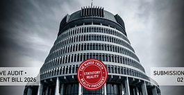 A professional 2500x930 news banner showing a high-contrast black and white low-angle view of the New Zealand Parliament Beehive building, centered by a crimson statutory reality stamp.