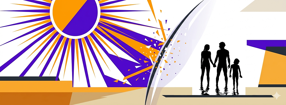 Abstract 2.7:1 vector header graphic displaying a stylized orange and violet sun striking a curved metallic shield, with clean black silhouettes of a family standing safely in its shadow