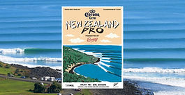 A professional 2500x930 news banner showing a panoramic view of long waves peeling across the Raglan coast, overlaid with the official World Surf League New Zealand Pro event poster in the center.