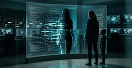 A mother and child in a high-tech dark room look at a transparent screen showing their own bodies as digital, wireframe AI-synthesis silhouettes.