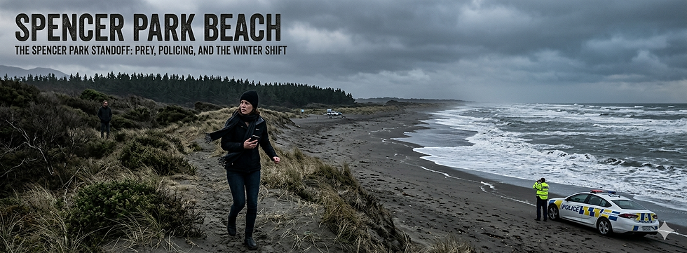 A panoramic news banner reading 'Spencer Park Beach' showing a woman checking her phone on a straight golden sand beach in Christchurch, backed by sand dunes, a police vehicle, and a dense pine forest.