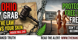 A legal gavel resting on a map of Ohio, symbolizing the legislative overreach into body freedom and naturist rights.