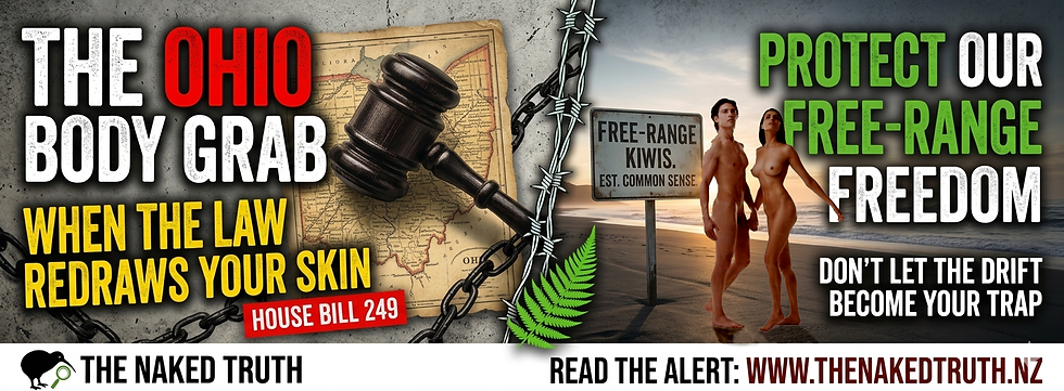 A legal gavel resting on a map of Ohio, symbolizing the legislative overreach into body freedom and naturist rights.