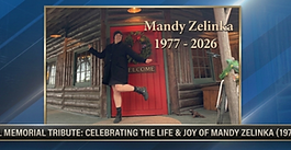 A joyful photo of Mandy Zelinka (1977-2026) striking a playful 'ta-da' pose in front of a red door, framed in a memorial banner for The Naked Truth.