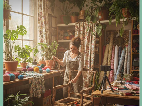 Tapicera en su taller. Ella trabaja con su mandil y tiene su largo pelo castaño recogido para trabajar mejor. Está detras de la estructura de una silla con brazos. una silla tipo Luis XV. El alto techo de su taller permite al ventanal bañar todo el espacio con una luz suave de la tarde. El taller no está desordenado. Está lleno de vida con sus plantas tropicales en todas partes, los rollos de telas en posicion firme contra la pared, pelotas de estambres en la gran mesa de trabajo y una camara lista para grabar el proximo video en YouTube.