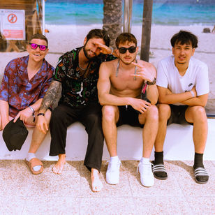 ibiza jet apartments, pool party, house music events, happy people smiling and posing, ibiza events, beach, sea