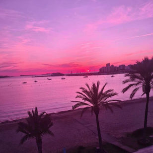 beautiful view of the sunset from ibiza rocks bar, pink sky, palms, sea, beach
