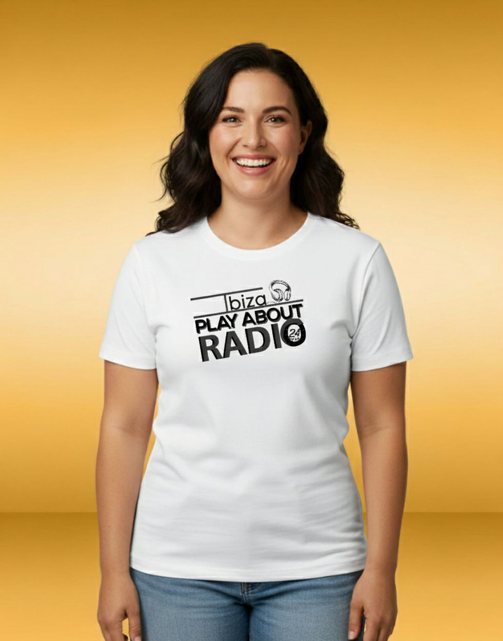 woman wearing White T-Shirt with Black Logo