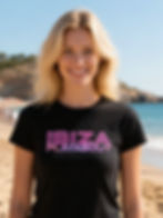 woman wearing black t-shirt with pink ibiza playabout design