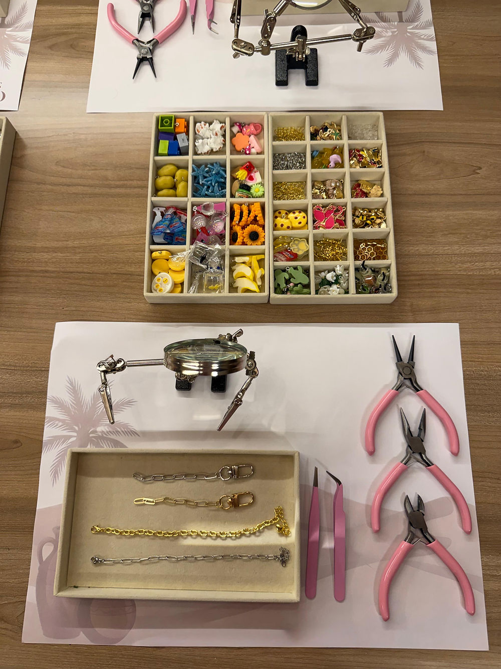 Jewelry making supplies with colorful beads and tools