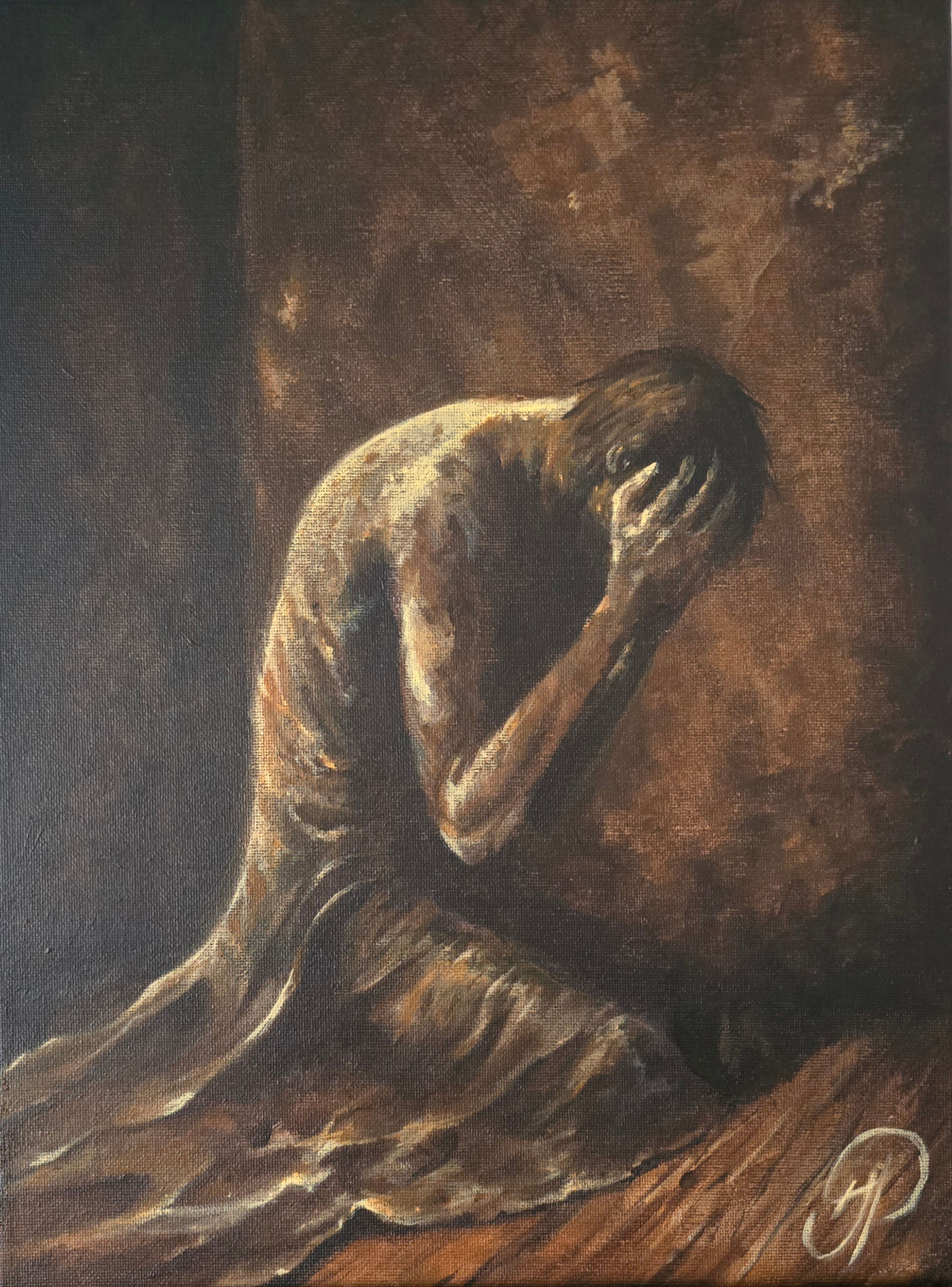 Male figure 2 acrylic painting, man with head in hands