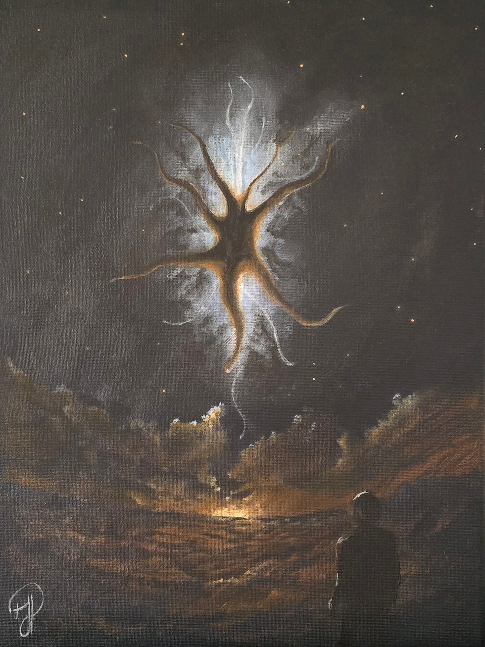 Somnith Awakes: Figure gazing at glowing star-like entity