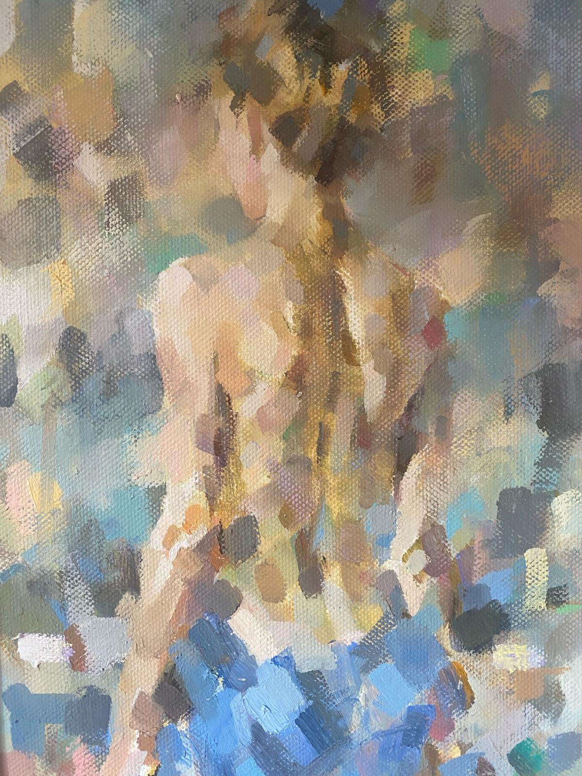 Draped in a blue cloth