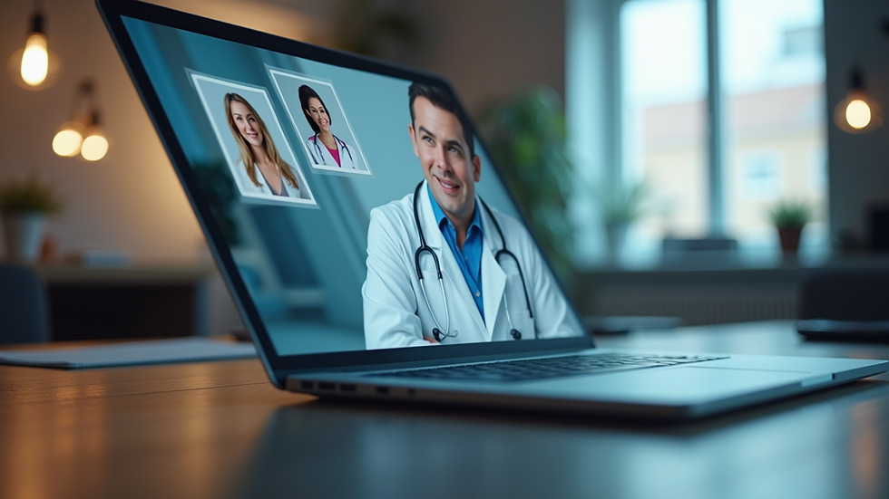 Close-up view of a laptop displaying a telemedicine consultation