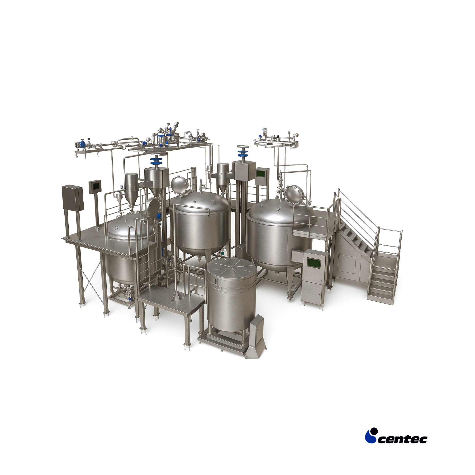 Komplexe Anlage zur Zuckeraufbereitung, Edelstahl Tanks, Centec GmbH für Zuckerlösungen.