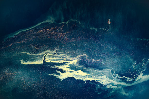 Fallen leaves and algae on the top of Slapy dam near Prague in the Autumn. (Czech Republic).