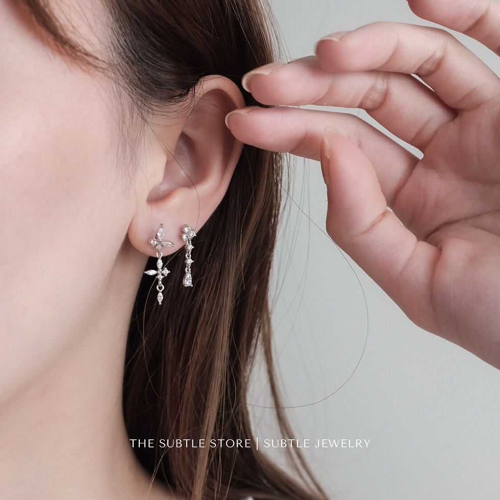 縮圖：(純銀) 金/銀 - Princess Cross Drop - Stud | S925 Earring