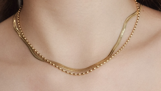 (防水) (Set- 2 Necklaces) Snake+Bean Choker | 18KGP NECKLACE