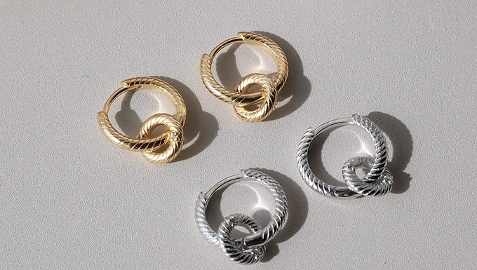 (純銀) 金/銀 -  2 in 1 斜紋小八 - Huggie | S925 Earring
