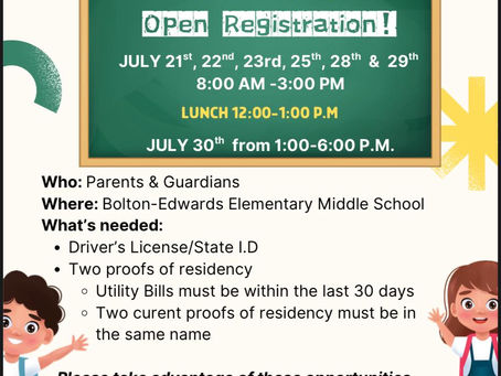 Bolton-Edwards Elementary/Middle School Sets Open Registration Schedule for Upcoming School Year