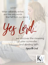 Yes Lord, Job 13:15,Young woman sitting on floor reading and praying with her Bible open