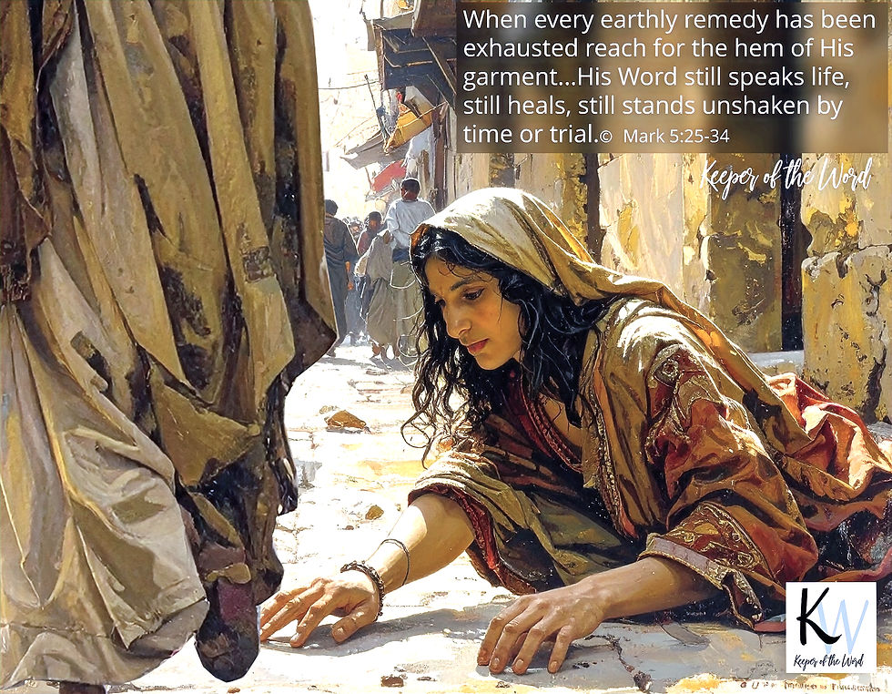 Woman in a robe reaches for a garment's hem on a sunlit street. Text reads a biblical quote from Mark 5:25-34 about faith and healing.