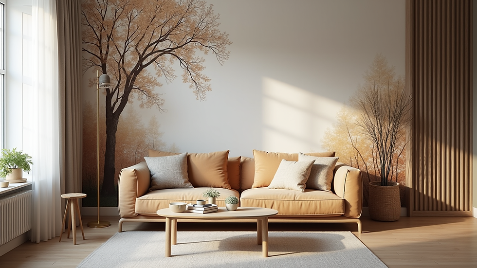 Eye-level view of a beautifully printed wall mural in a cozy living room