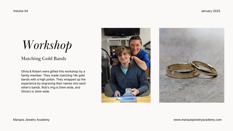 Handmade unique, DIY wedding bands in 14k yellow gold with hand engraved, personalized names. Made in jewelry class at school in CT.