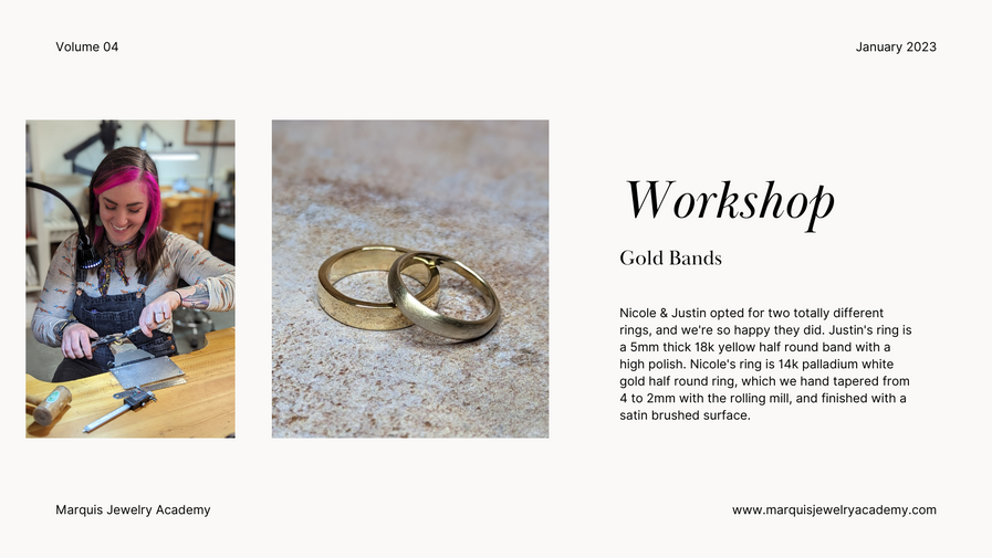 Handmade DIY unique wedding bands in 18k yellow gold, 14k palladium white gold ring, satin finish texture. Made in class, workshop in Stonington, CT.