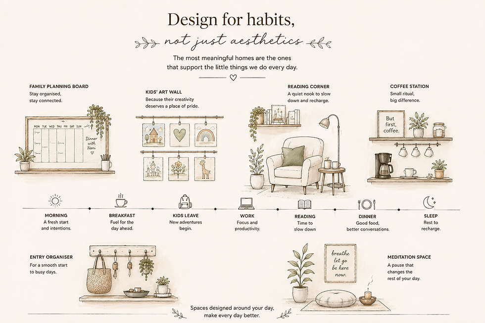 Infographic on home habits: family planner, kids’ art wall, reading nook, coffee station, entry organizer, and meditation space with text.