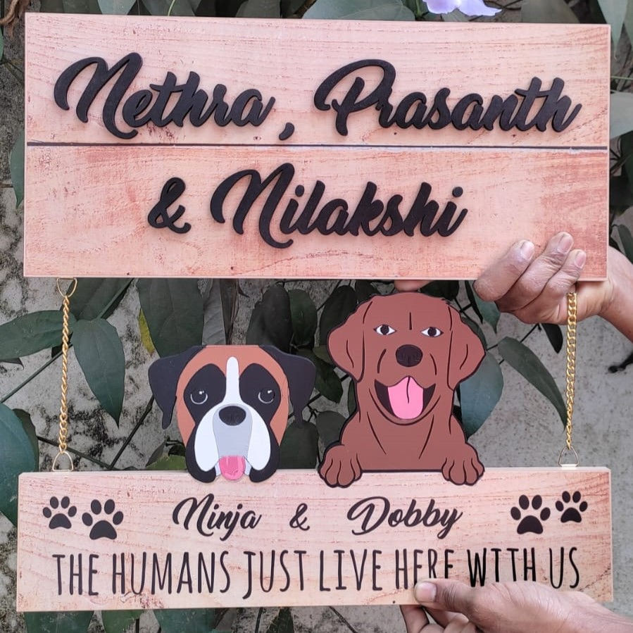 Thumbnail: natural wood nameplate with dogs boxers and Labrador