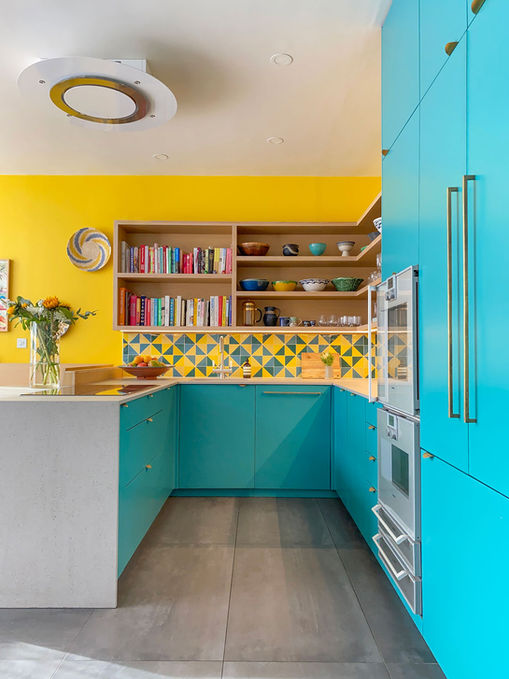 blue and yellow kitchen