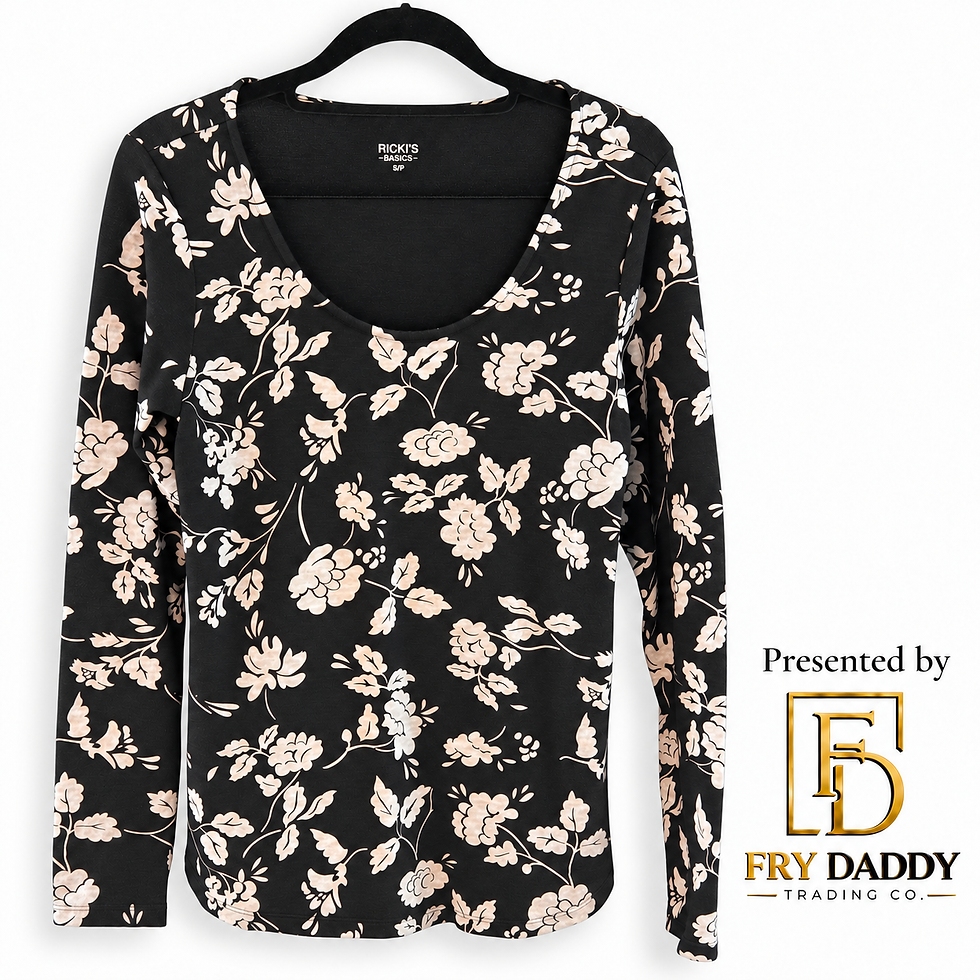 Ricky's Basics Floral Long-Sleeve Top - Black, Small — Presented by Fry Daddy Trading Co. — white logo version