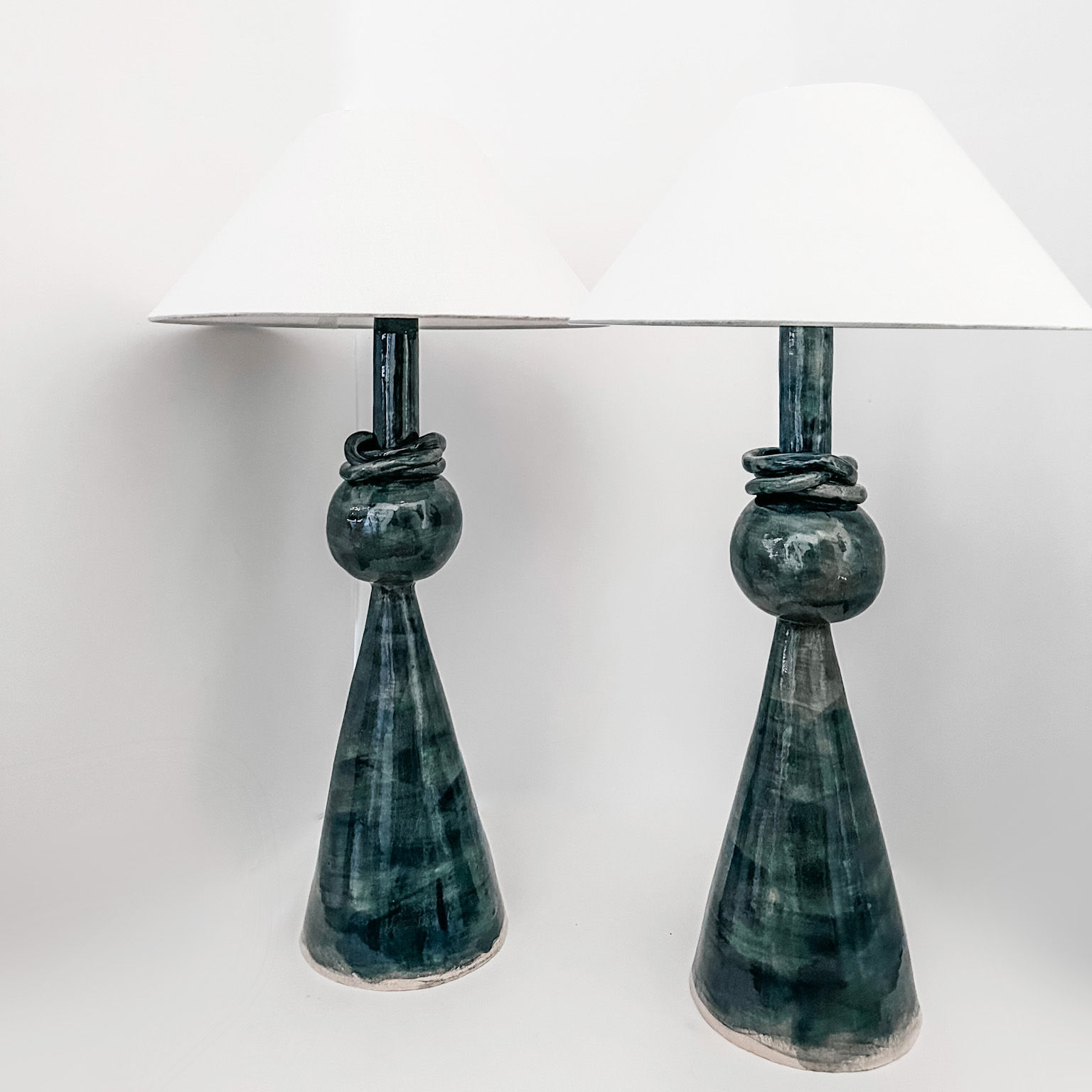 Pair of Geo Table Lamps in Loosely Painted Midnight Blue Glaze ~ Ready to Wire
