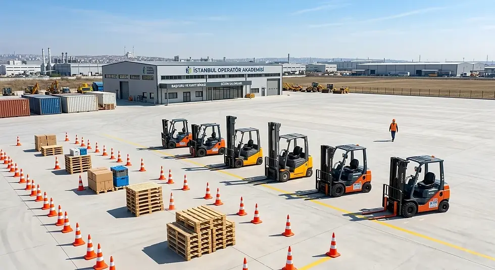 Forklift operatörlük eğitimi veren kurs sahasında eğitim için hazır forkliftler