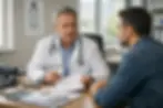 Aile hekiminde ehliyet yenileme için sağlık raporu değerlendirmesi yapılan hasta ve doktor
