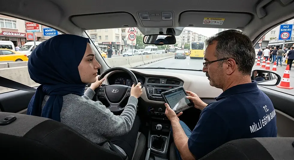 Direksiyon sınavında komisyon eşliğinde araca hazırlanan sürücü adayı