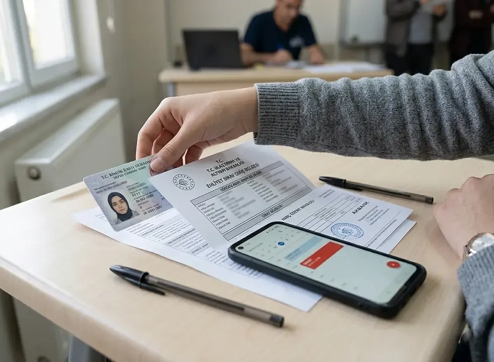 Ehliyet sınavı için kimlik, sınav giriş belgesi ve randevu kontrolü yapan aday