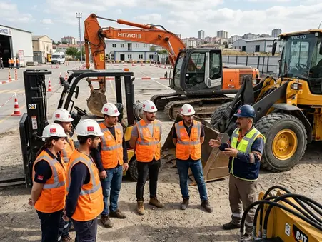 İş makinesi operatörlük belgesi için eğitim alanında forklift, ekskavatör ve loder ile uygulamalı eğitim sahnesi